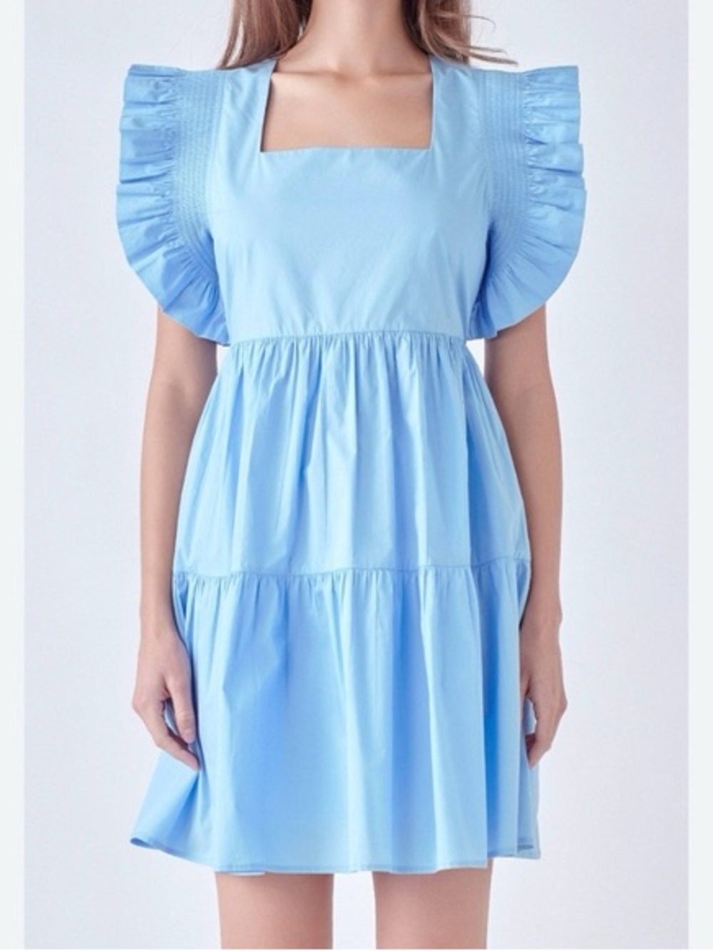 English Factory Sky Blue Ruffle Sleeve Square Neck Mini Dress
